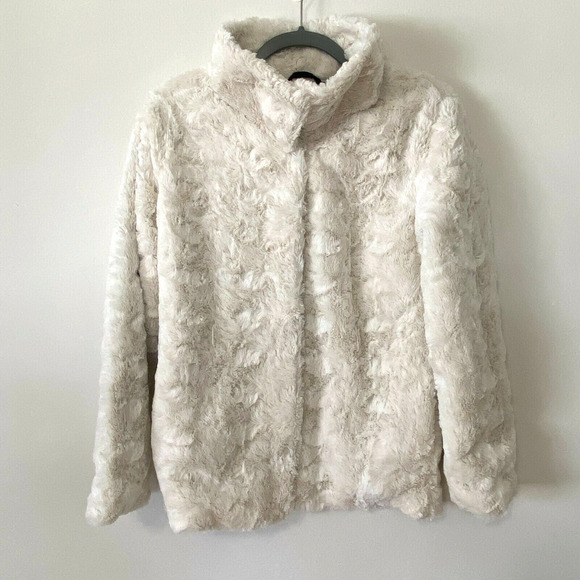 H&M Cream Off-White Faux Fur Front Snap High Neck Pockets Jacket Coat 14Y XS - Picture 1 of 12